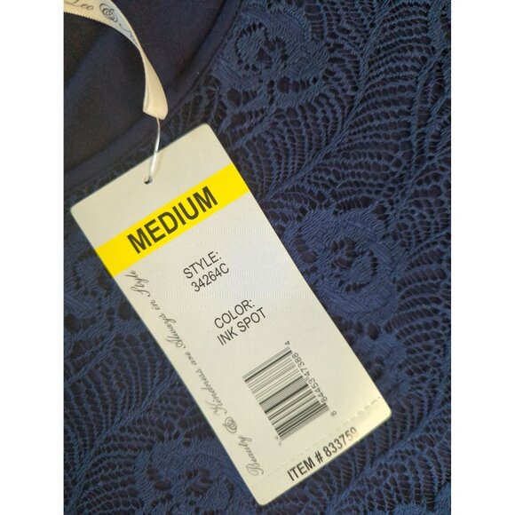 NWT Leo & Nicole Lace Overlay Blouse Medium Navy Blue Floral - Picture 3 of 10